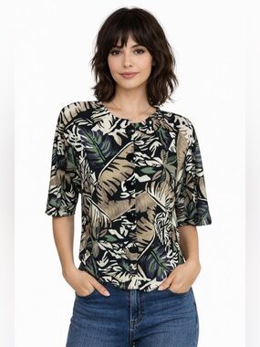 Vintage 80s California Happenings Tropical Blouse Neutral Leaf Print Resort Top